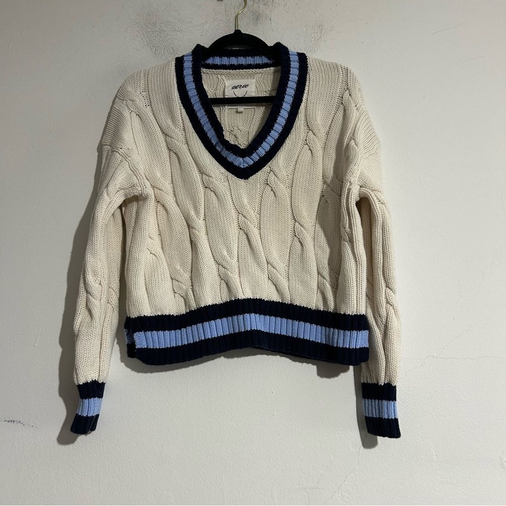 Aerie Cable Knit Cropped V-Neck Striped Sweater XS Preppy Varsity Academia